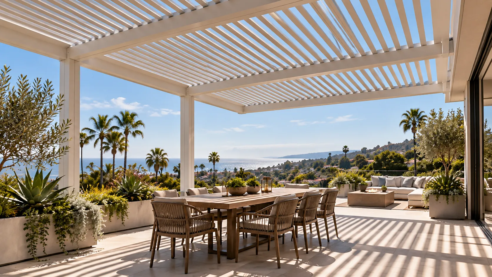 White aluminum lattice patio cover providing filtered shade over an outdoor dining space