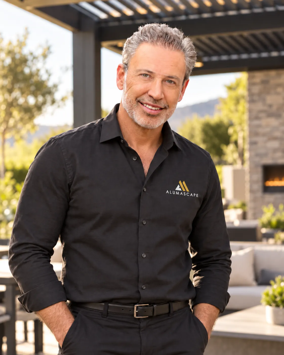 Joseph, founder and outdoor living consultant at Alumascape, standing beneath a modern aluminum pergola.