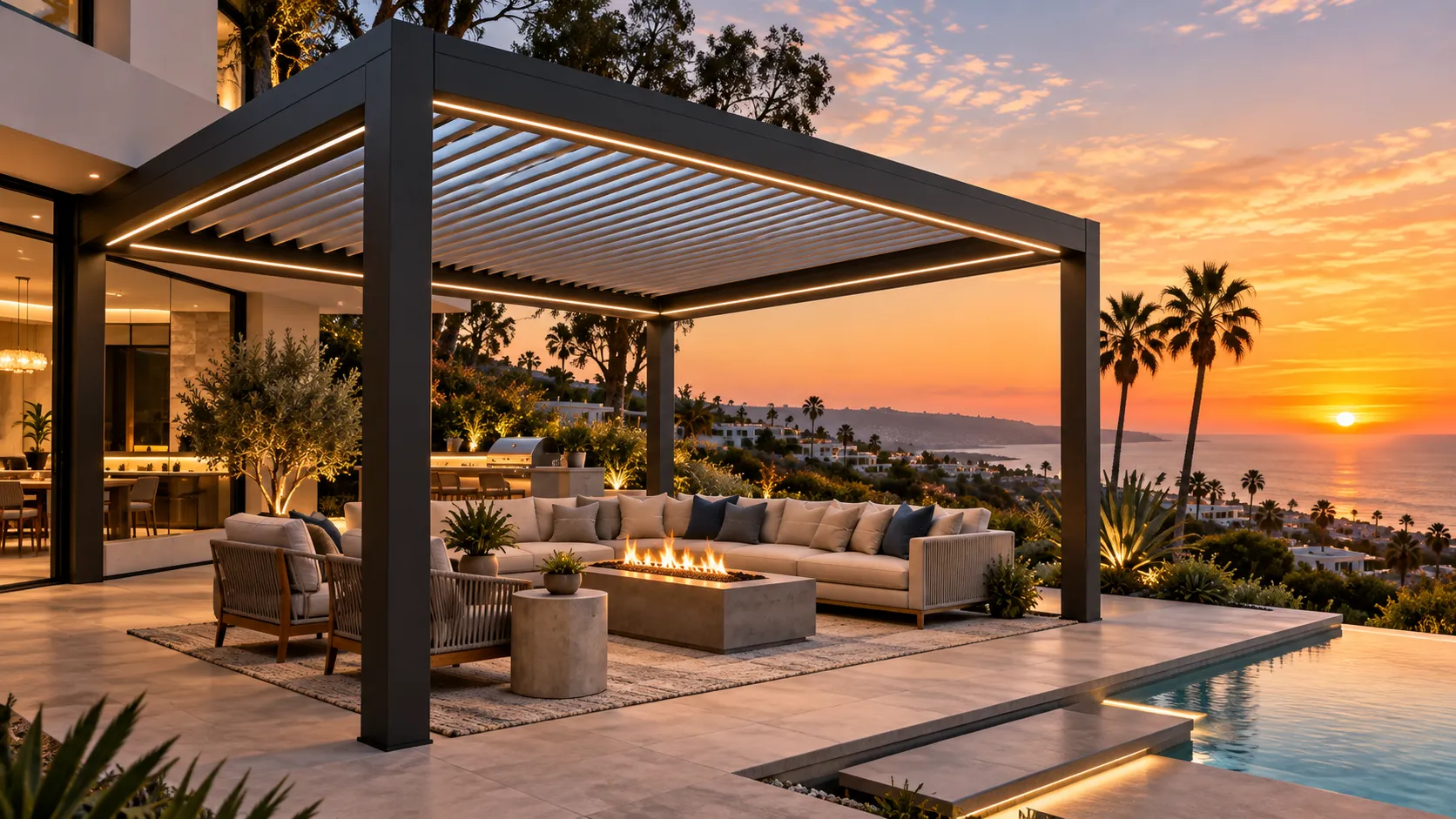Motorized aluminum louvered pergola with integrated lighting over a luxury outdoor living space