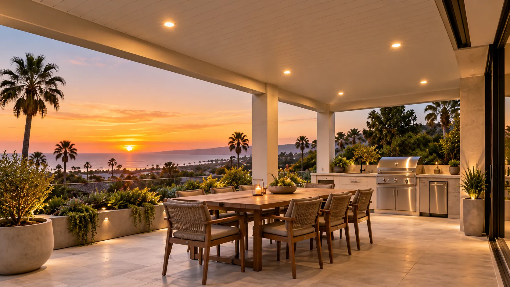 Solid insulated aluminum patio cover with recessed lighting over an outdoor dining and kitchen area