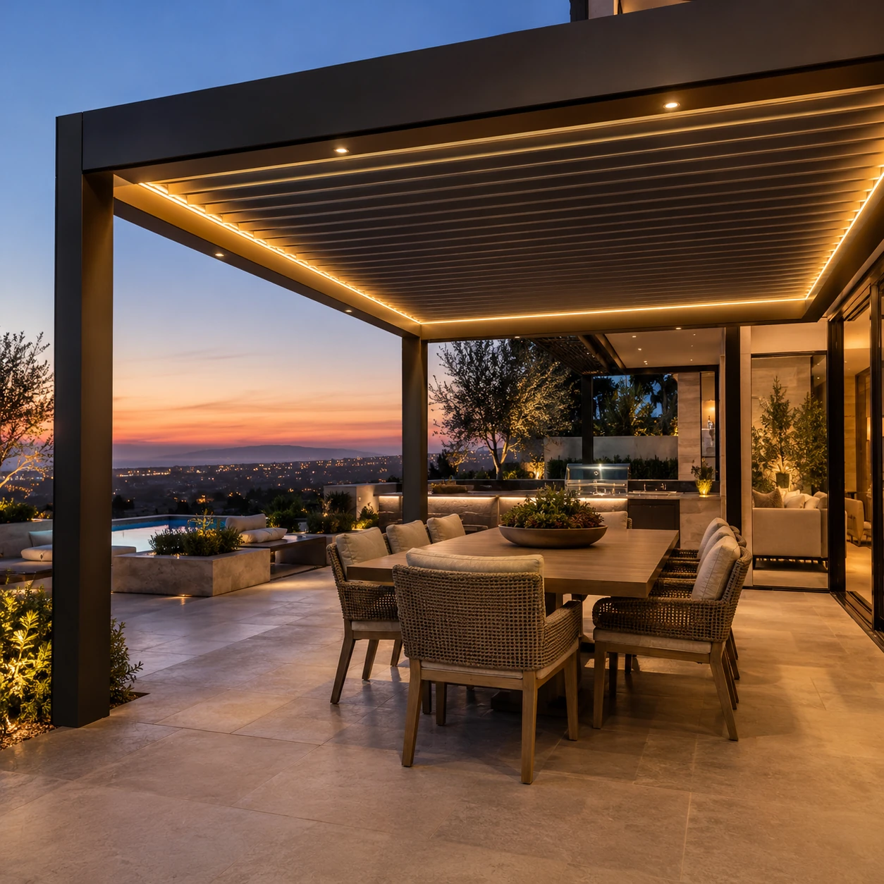 Integrated LED lighting installed in a modern louvered pergola in Orange County