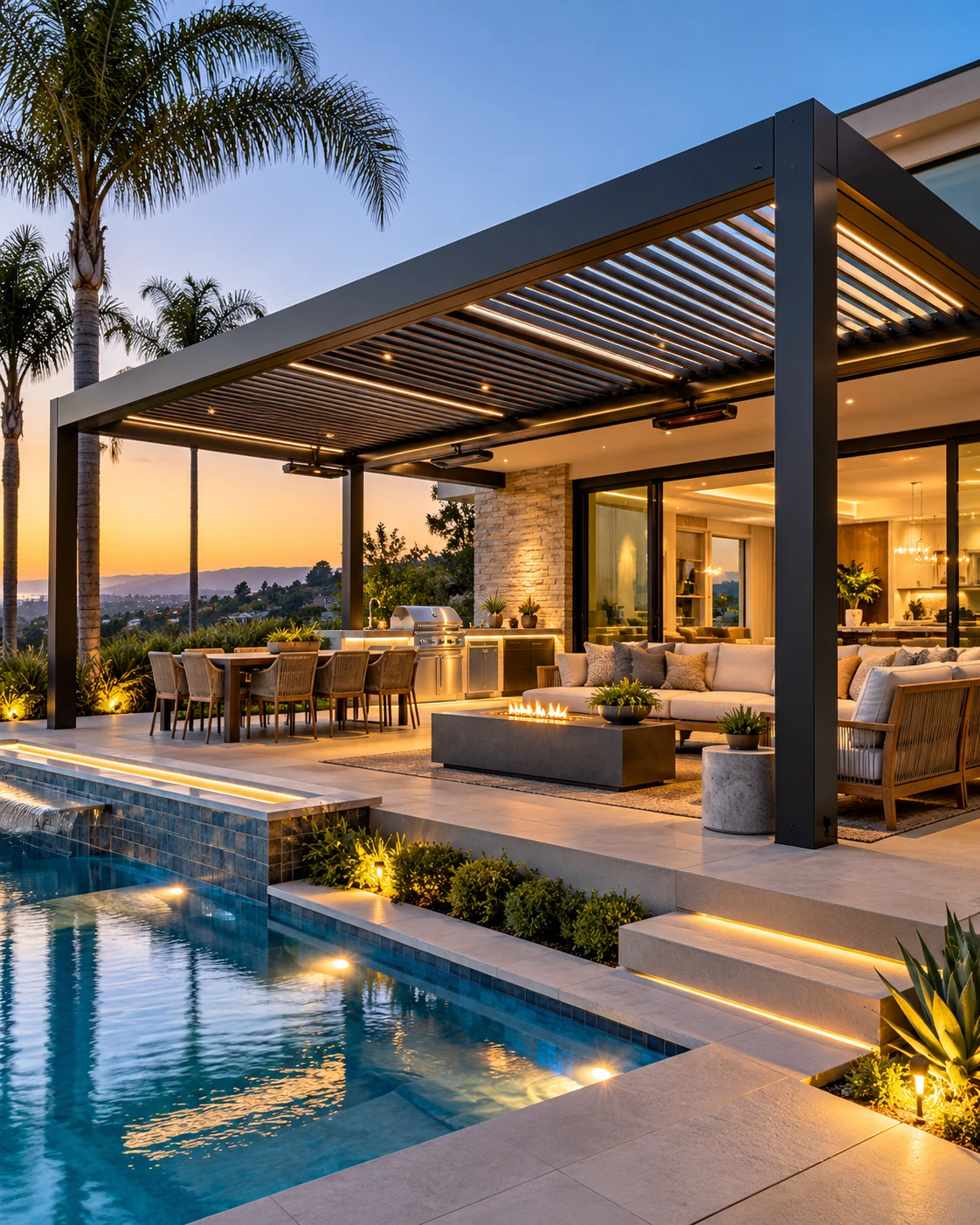 Luxury louvered pergola with pool, outdoor kitchen, and seating area in Orange County