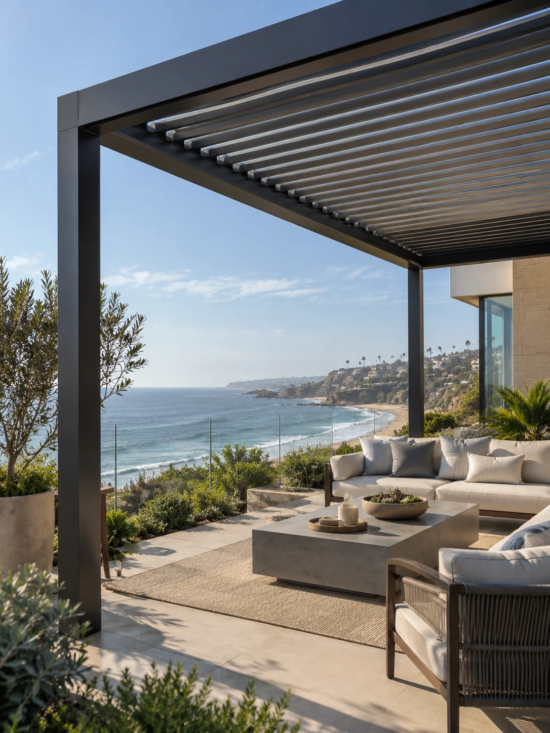 Aluminum louvered pergola at a coastal Orange County property overlooking the ocean