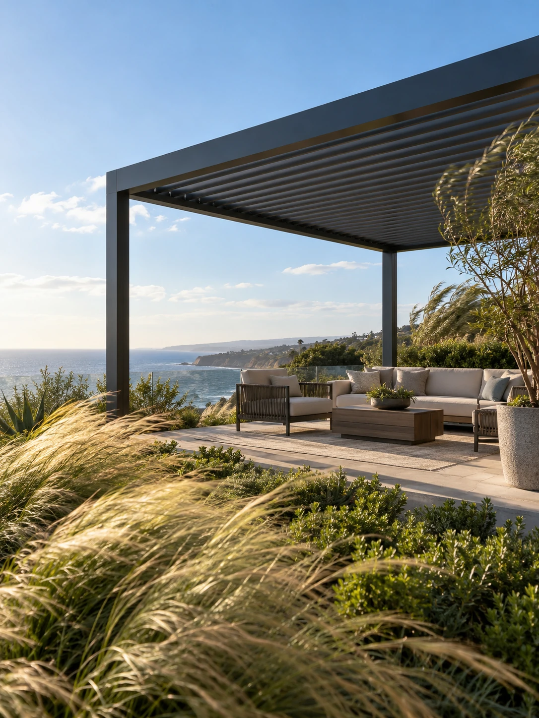 Louvered pergola in an exposed Orange County setting with vegetation moving in the wind