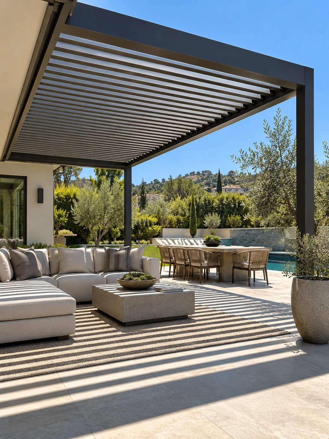Louvered pergola providing adjustable shade on a sunny Orange County patio