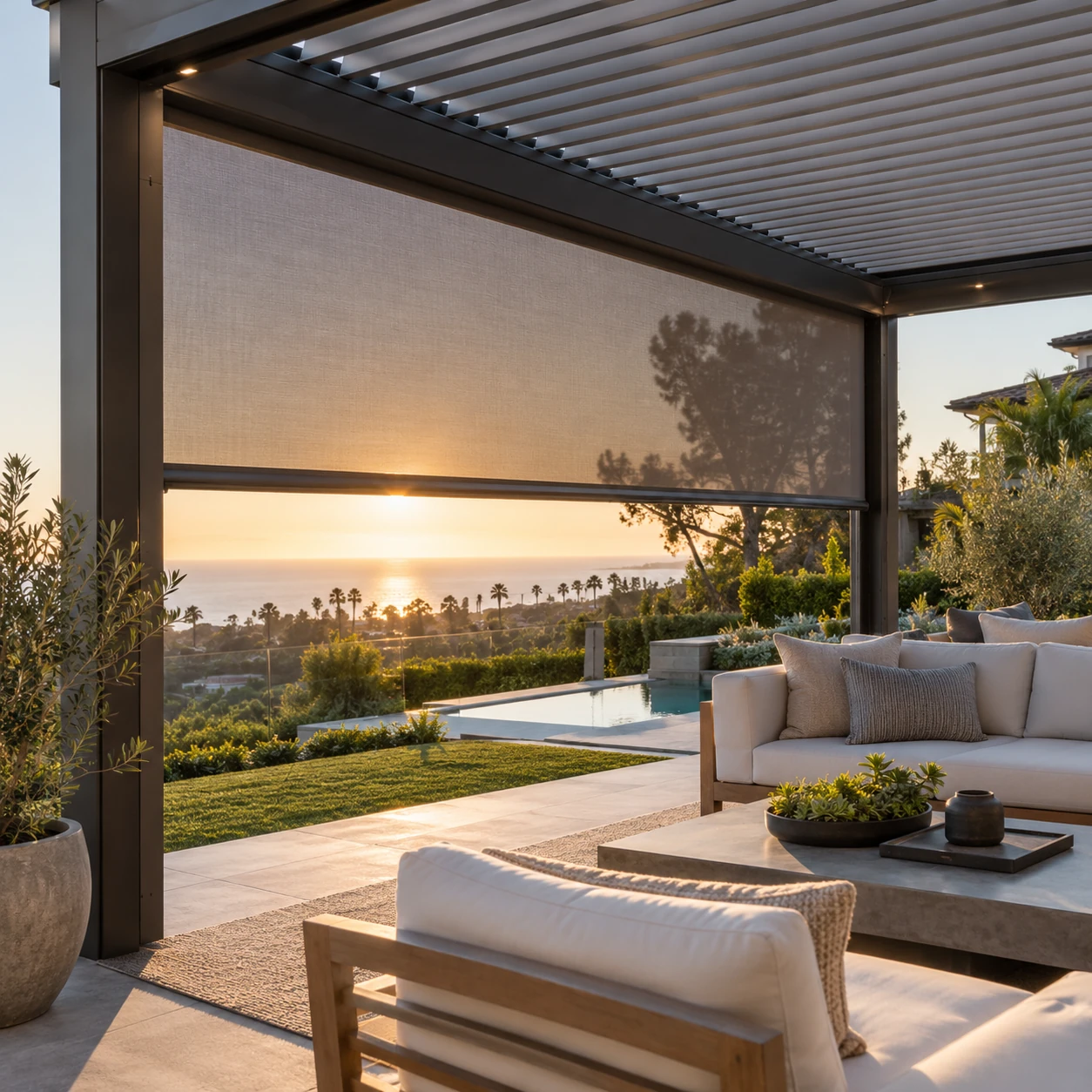 Motorized retractable screen installed on a louvered pergola in Orange County