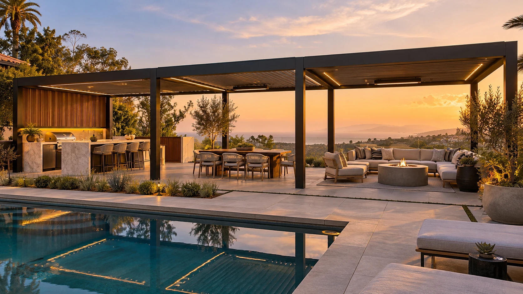 Multi-section louvered pergola covering outdoor kitchen, dining, and lounge areas in Orange County
