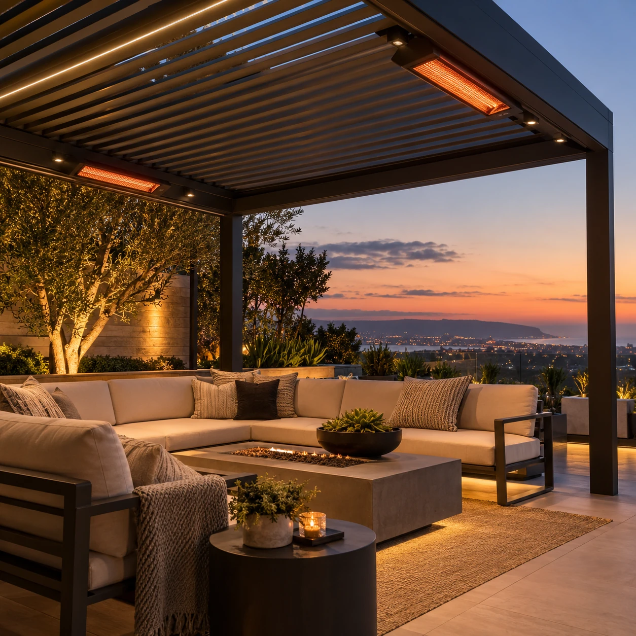 Outdoor-rated heaters installed beneath a louvered pergola in Orange County