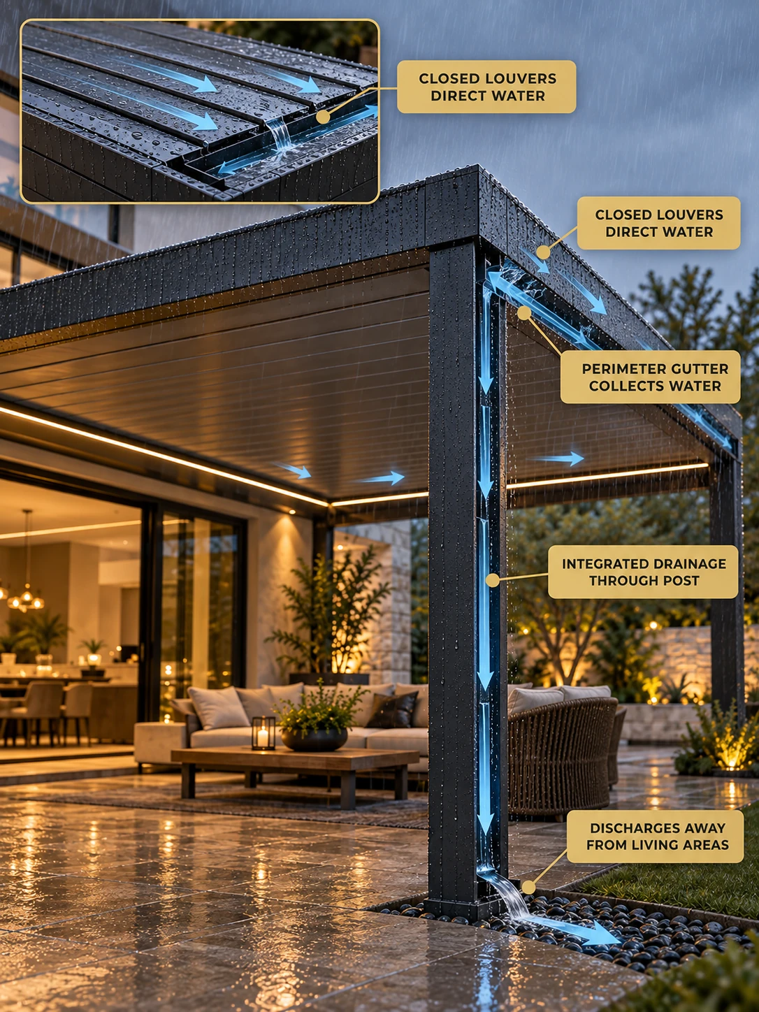 Louvered pergola showing rainwater flowing from closed louvers into perimeter gutters and integrated post drainage